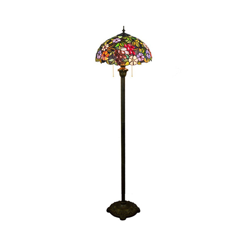 Bowl Shade Floor Lamp Antique Stained Art Glass 2 Heads Purple Standing Lighting with Grape and Flower Pattern Clearhalo 'Floor Lamps' 'Lamps' Lighting' 2187299