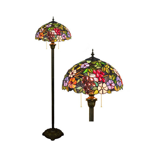 Bowl Shade Floor Lamp Antique Stained Art Glass 2 Heads Purple Standing Lighting with Grape and Flower Pattern Clearhalo 'Floor Lamps' 'Lamps' Lighting' 2187300