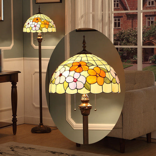 Stained Glass Beige Stand Up Lamp Flower 2 Bulbs Vintage Pull Chain Floor Lighting for Living Room Clearhalo 'Floor Lamps' 'Lamps' Lighting' 2187302