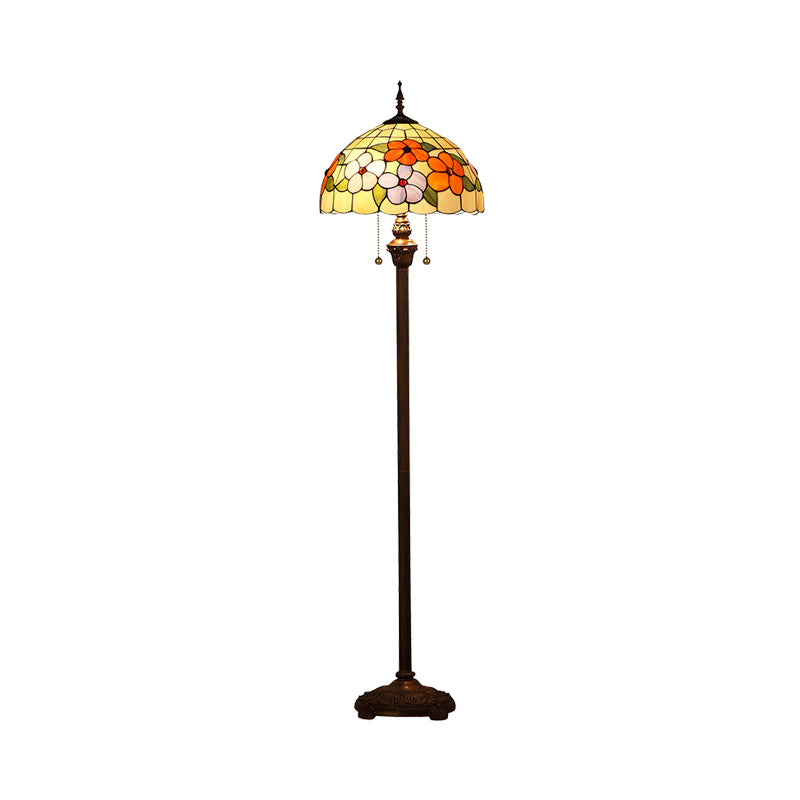 Stained Glass Beige Stand Up Lamp Flower 2 Bulbs Vintage Pull Chain Floor Lighting for Living Room Clearhalo 'Floor Lamps' 'Lamps' Lighting' 2187303