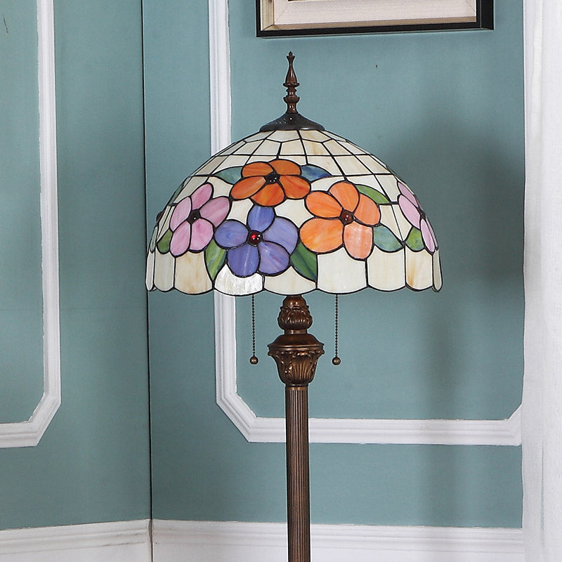 Stained Glass Beige Stand Up Lamp Flower 2 Bulbs Vintage Pull Chain Floor Lighting for Living Room Clearhalo 'Floor Lamps' 'Lamps' Lighting' 2187304