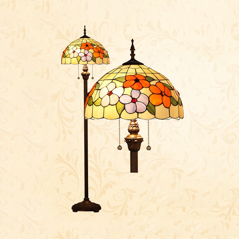 Stained Glass Beige Stand Up Lamp Flower 2 Bulbs Vintage Pull Chain Floor Lighting for Living Room Clearhalo 'Floor Lamps' 'Lamps' Lighting' 2187305
