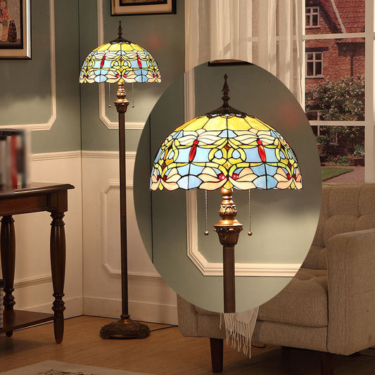 2 Bulbs Standing Light Baroque Dome Stained Glass Pull Chain Floor Lighting in Blue Clearhalo 'Floor Lamps' 'Lamps' Lighting' 2187307