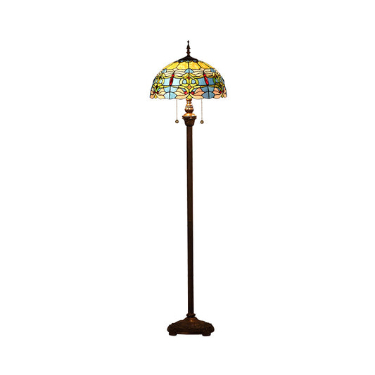 2 Bulbs Standing Light Baroque Dome Stained Glass Pull Chain Floor Lighting in Blue Clearhalo 'Floor Lamps' 'Lamps' Lighting' 2187308