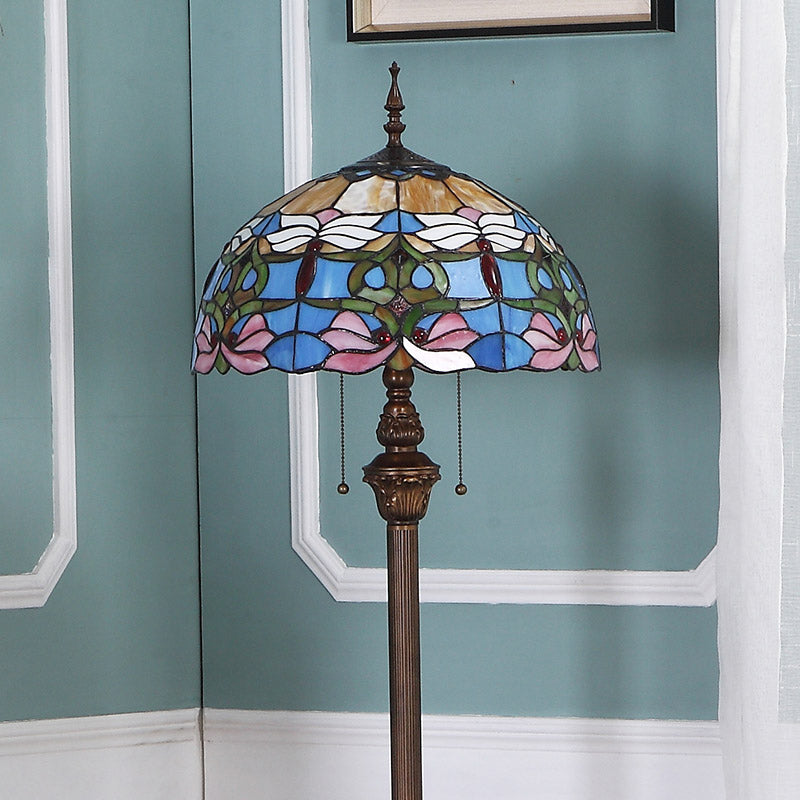 2 Bulbs Standing Light Baroque Dome Stained Glass Pull Chain Floor Lighting in Blue Clearhalo 'Floor Lamps' 'Lamps' Lighting' 2187309