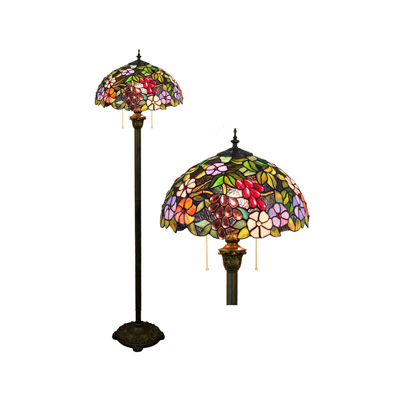 Tiffany Dome Shade Standing Light 2 Bulbs Handcrafted Glass Floor Lamp with Pull Chain Clearhalo 'Floor Lamps' 'Lamps' Lighting' 2187314