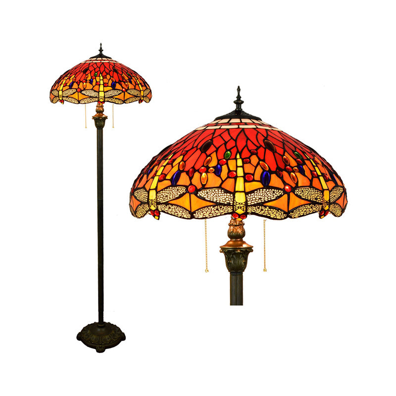 Tiffany Dome Shade Standing Light 2 Bulbs Handcrafted Glass Floor Lamp with Pull Chain Clearhalo 'Floor Lamps' 'Lamps' Lighting' 2187316