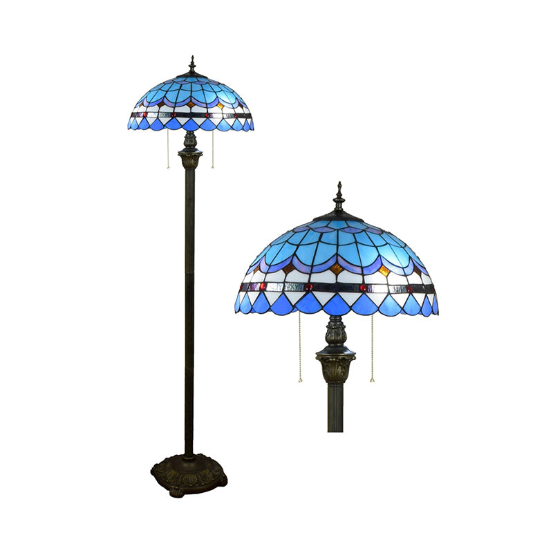 Tiffany Dome Shade Standing Light 2 Bulbs Handcrafted Glass Floor Lamp with Pull Chain Clearhalo 'Floor Lamps' 'Lamps' Lighting' 2187318