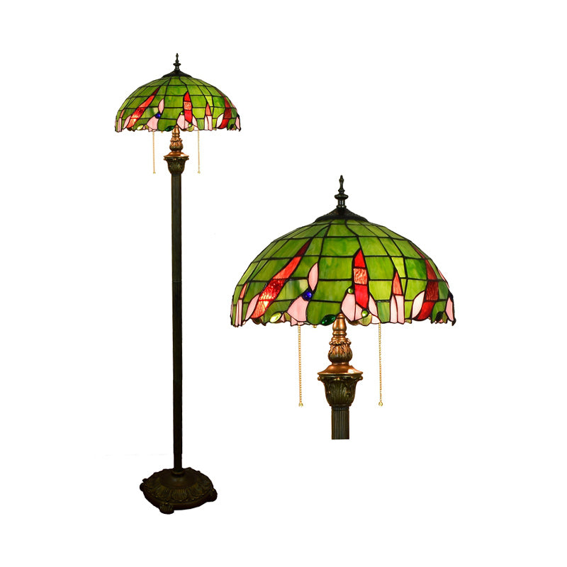 Tiffany Dome Shade Standing Light 2 Bulbs Handcrafted Glass Floor Lamp with Pull Chain Clearhalo 'Floor Lamps' 'Lamps' Lighting' 2187320