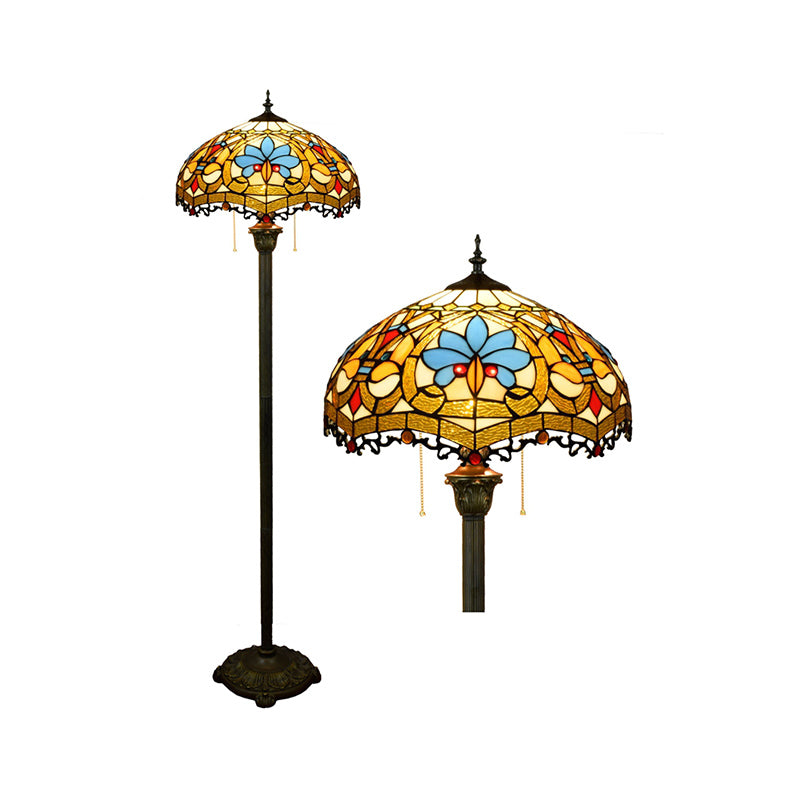 Tiffany Dome Shade Standing Light 2 Bulbs Handcrafted Glass Floor Lamp with Pull Chain Clearhalo 'Floor Lamps' 'Lamps' Lighting' 2187322