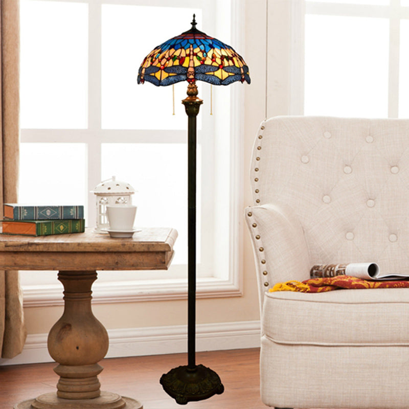 Tiffany Dome Shade Standing Light 2 Bulbs Handcrafted Glass Floor Lamp with Pull Chain Dark Blue Clearhalo 'Floor Lamps' 'Lamps' Lighting' 2187323