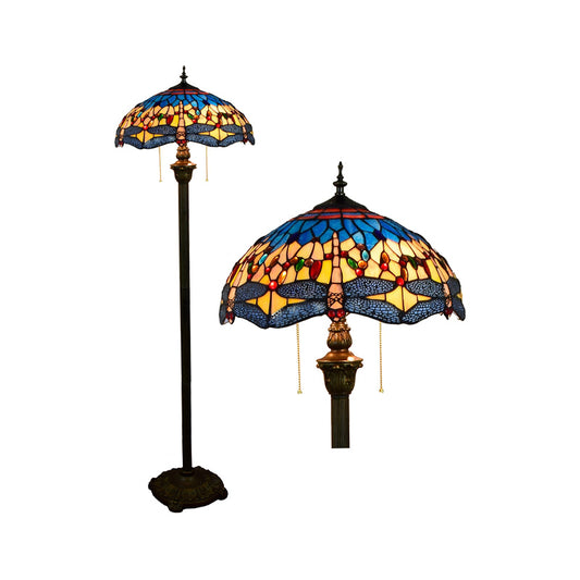 Tiffany Dome Shade Standing Light 2 Bulbs Handcrafted Glass Floor Lamp with Pull Chain Clearhalo 'Floor Lamps' 'Lamps' Lighting' 2187324