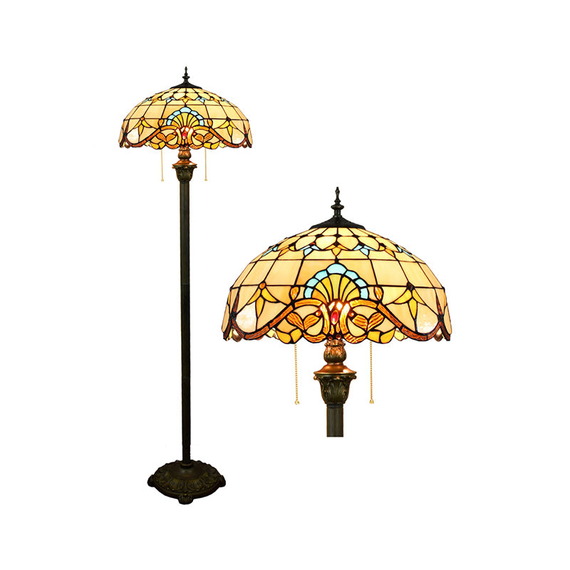 Tiffany Dome Shade Standing Light 2 Bulbs Handcrafted Glass Floor Lamp with Pull Chain Clearhalo 'Floor Lamps' 'Lamps' Lighting' 2187328