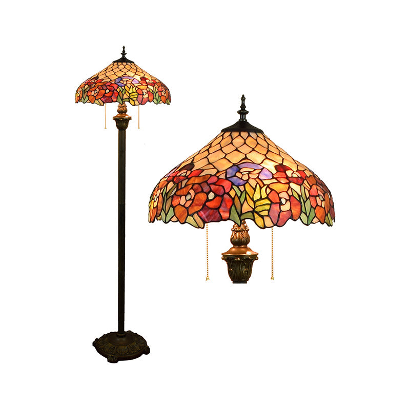 Tiffany Dome Shade Standing Light 2 Bulbs Handcrafted Glass Floor Lamp with Pull Chain Clearhalo 'Floor Lamps' 'Lamps' Lighting' 2187330