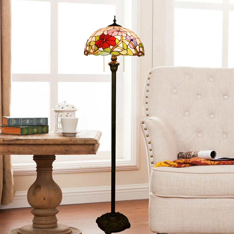 Tiffany Dome Shade Standing Light 2 Bulbs Handcrafted Glass Floor Lamp with Pull Chain Light Beige Clearhalo 'Floor Lamps' 'Lamps' Lighting' 2187331