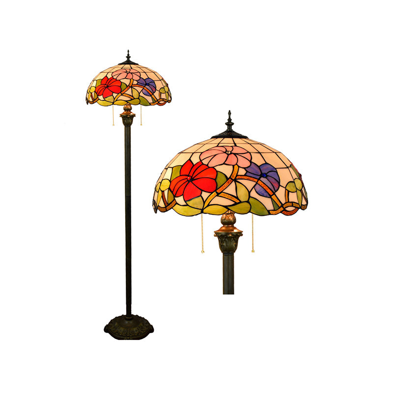 Tiffany Dome Shade Standing Light 2 Bulbs Handcrafted Glass Floor Lamp with Pull Chain Clearhalo 'Floor Lamps' 'Lamps' Lighting' 2187332