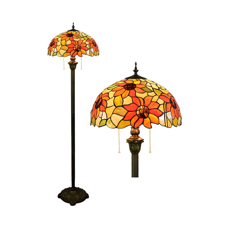 Tiffany Dome Shade Standing Light 2 Bulbs Handcrafted Glass Floor Lamp with Pull Chain Clearhalo 'Floor Lamps' 'Lamps' Lighting' 2187334