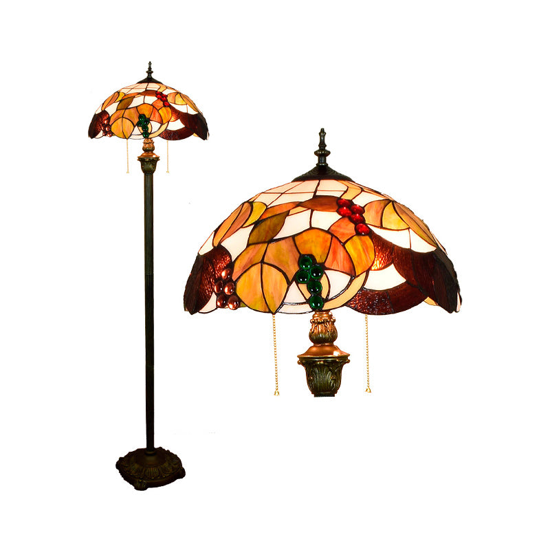 Tiffany Dome Shade Standing Light 2 Bulbs Handcrafted Glass Floor Lamp with Pull Chain Clearhalo 'Floor Lamps' 'Lamps' Lighting' 2187336