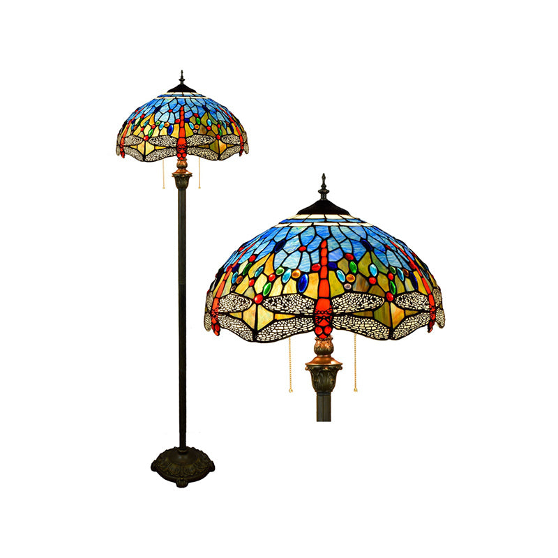 Tiffany Dome Shade Standing Light 2 Bulbs Handcrafted Glass Floor Lamp with Pull Chain Blue Clearhalo 'Floor Lamps' 'Lamps' Lighting' 2187337