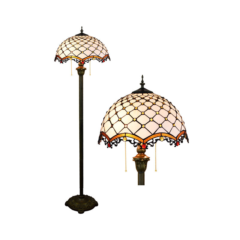 Tiffany Dome Shade Standing Light 2 Bulbs Handcrafted Glass Floor Lamp with Pull Chain White Clearhalo 'Floor Lamps' 'Lamps' Lighting' 2187338