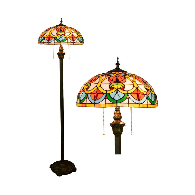 Tiffany Dome Shade Standing Light 2 Bulbs Handcrafted Glass Floor Lamp with Pull Chain Yellow Clearhalo 'Floor Lamps' 'Lamps' Lighting' 2187339