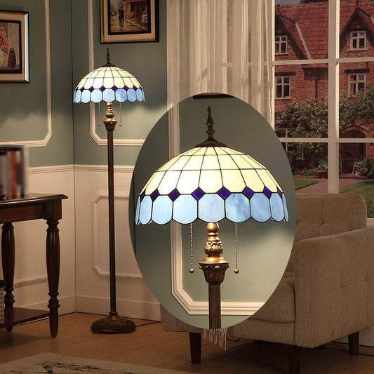 Scalloped Dome Floor Light 2 Bulbs Stained Art Glass Pull Chain Standing Lamp in Blue Clearhalo 'Floor Lamps' 'Lamps' Lighting' 2187341