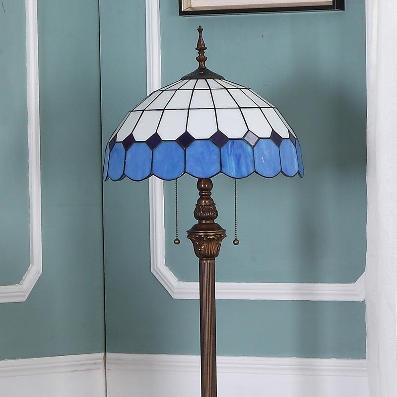 Scalloped Dome Floor Light 2 Bulbs Stained Art Glass Pull Chain Standing Lamp in Blue Clearhalo 'Floor Lamps' 'Lamps' Lighting' 2187342
