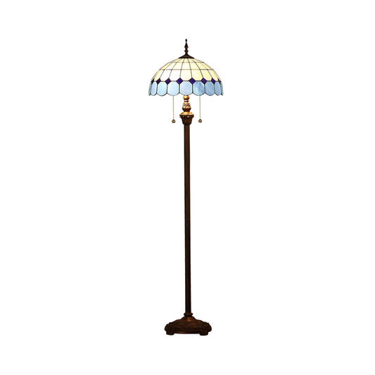 Scalloped Dome Floor Light 2 Bulbs Stained Art Glass Pull Chain Standing Lamp in Blue Clearhalo 'Floor Lamps' 'Lamps' Lighting' 2187343