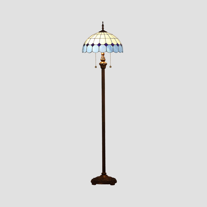 Scalloped Dome Floor Light 2 Bulbs Stained Art Glass Pull Chain Standing Lamp in Blue Clearhalo 'Floor Lamps' 'Lamps' Lighting' 2187344