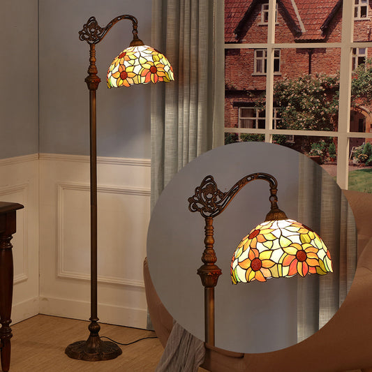 Single-Bulb Standing Light Classic Floral Pattern Stained Glass Reading Floor Light in Orange Orange Clearhalo 'Floor Lamps' 'Lamps' Lighting' 2187345