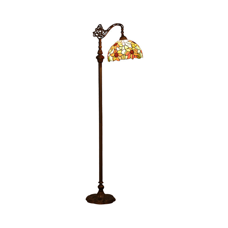 Single-Bulb Standing Light Classic Floral Pattern Stained Glass Reading Floor Light in Orange Clearhalo 'Floor Lamps' 'Lamps' Lighting' 2187347