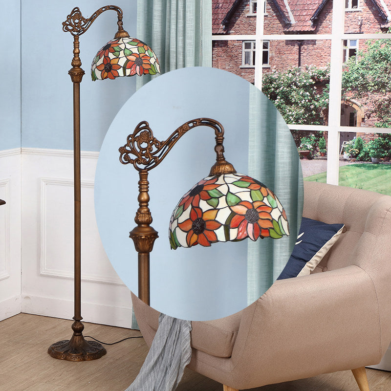 Single-Bulb Standing Light Classic Floral Pattern Stained Glass Reading Floor Light in Orange Clearhalo 'Floor Lamps' 'Lamps' Lighting' 2187348