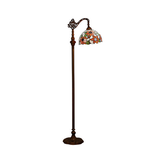 Single-Bulb Standing Light Classic Floral Pattern Stained Glass Reading Floor Light in Orange Clearhalo 'Floor Lamps' 'Lamps' Lighting' 2187349