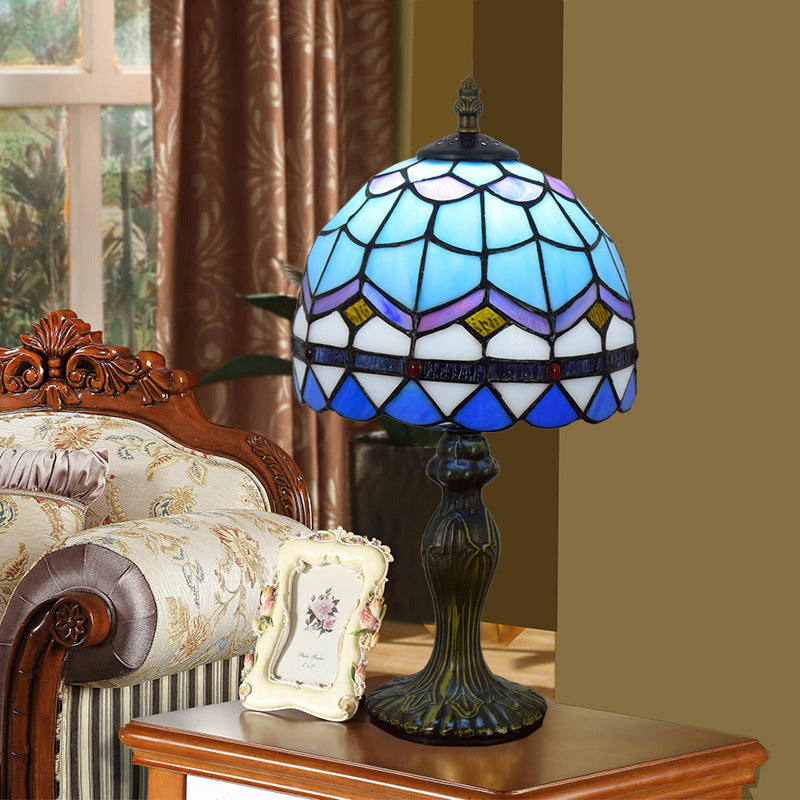 1 Bulb Table Lamp Mediterranean Dome Gridded Glass Nightstand Light in Blue for Living Room Clearhalo 'Lamps' 'Table Lamps' Lighting' 2187385