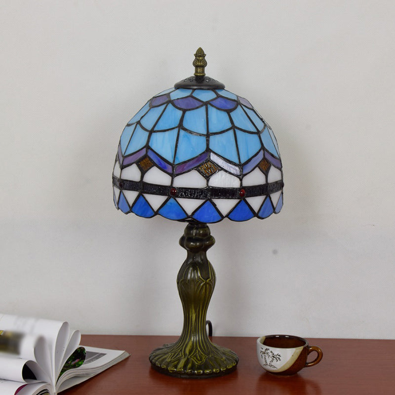 1 Bulb Table Lamp Mediterranean Dome Gridded Glass Nightstand Light in Blue for Living Room Clearhalo 'Lamps' 'Table Lamps' Lighting' 2187386