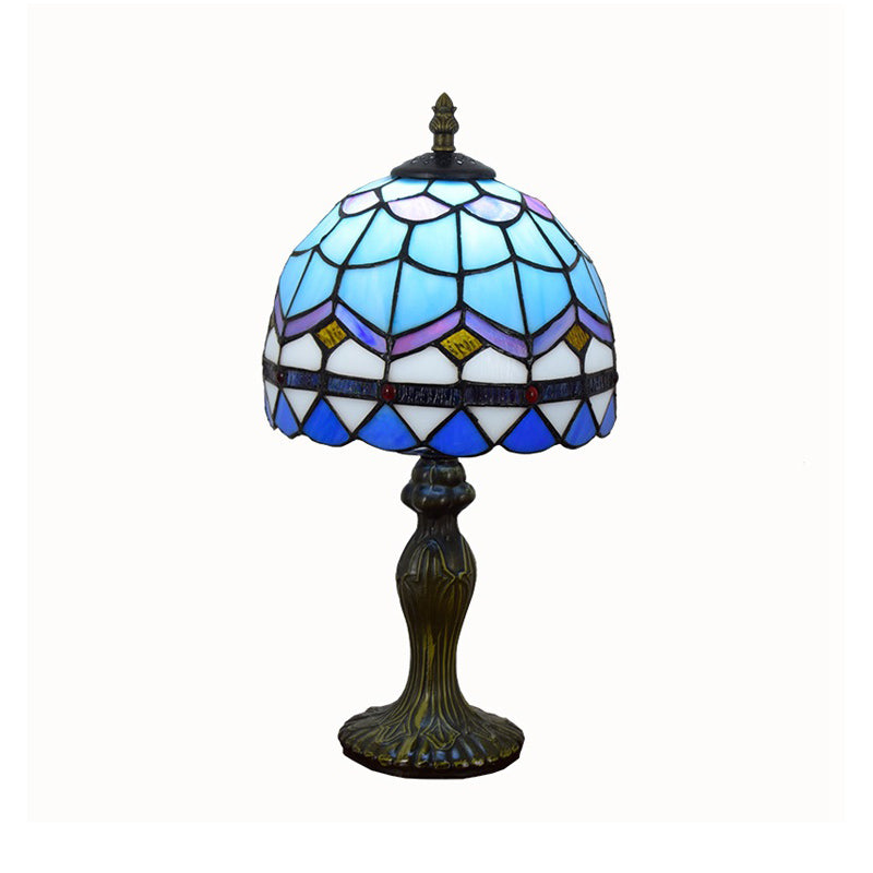 1 Bulb Table Lamp Mediterranean Dome Gridded Glass Nightstand Light in Blue for Living Room Clearhalo 'Lamps' 'Table Lamps' Lighting' 2187387