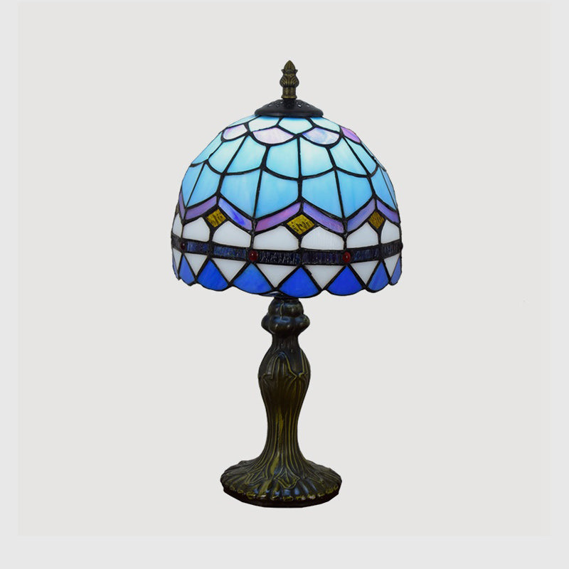 1 Bulb Table Lamp Mediterranean Dome Gridded Glass Nightstand Light in Blue for Living Room Clearhalo 'Lamps' 'Table Lamps' Lighting' 2187388