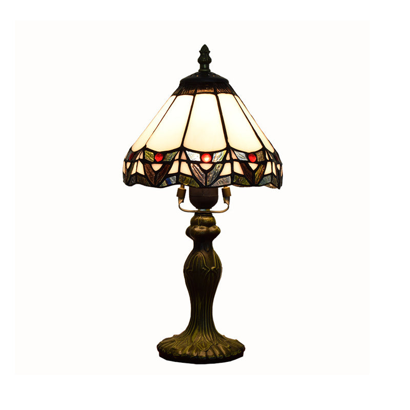Stained Glass White Table Lamp Conical Shade 1 Head Antique Nightstand Lighting for Bedroom Clearhalo 'Lamps' 'Table Lamps' Lighting' 2187392