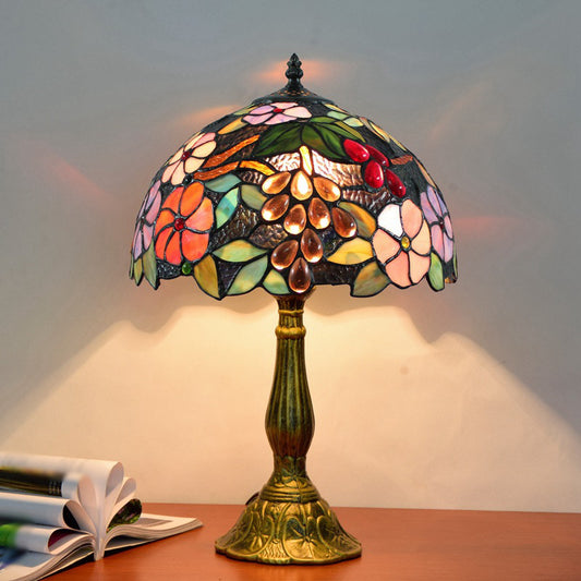 Bowl Table Light Tiffany Stained Art Glass Single Antique Brass Nightstand Lamp with Flower and Grape Pattern Antique Brass Clearhalo 'Lamps' 'Table Lamps' Lighting' 2187394