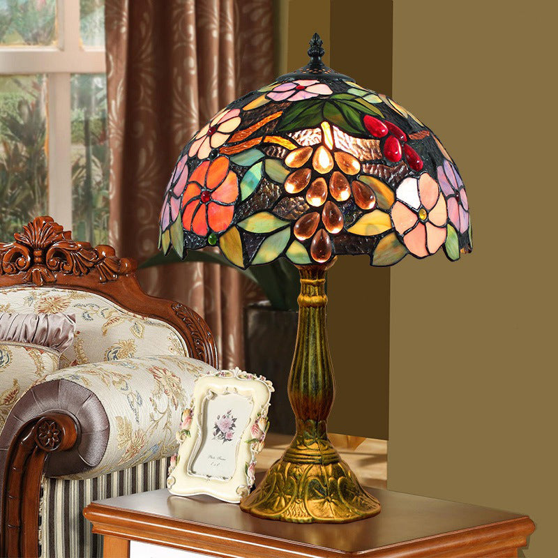 Bowl Table Light Tiffany Stained Art Glass Single Antique Brass Nightstand Lamp with Flower and Grape Pattern Clearhalo 'Lamps' 'Table Lamps' Lighting' 2187395