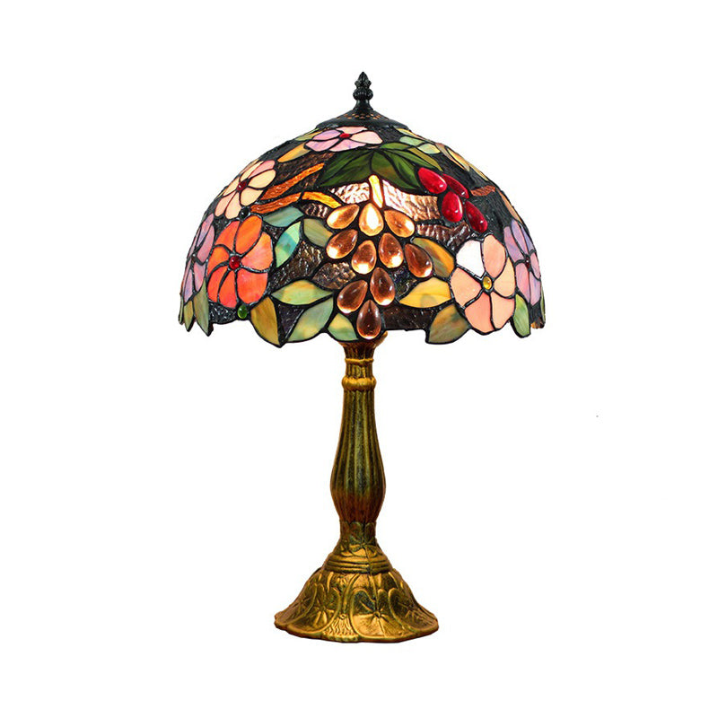 Bowl Table Light Tiffany Stained Art Glass Single Antique Brass Nightstand Lamp with Flower and Grape Pattern Clearhalo 'Lamps' 'Table Lamps' Lighting' 2187396