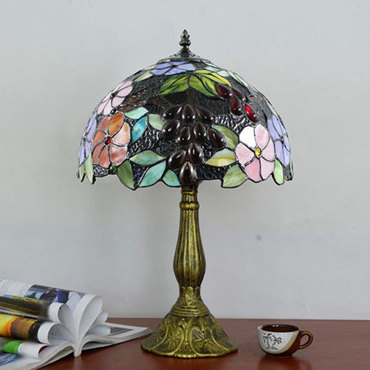 Bowl Table Light Tiffany Stained Art Glass Single Antique Brass Nightstand Lamp with Flower and Grape Pattern Clearhalo 'Lamps' 'Table Lamps' Lighting' 2187398