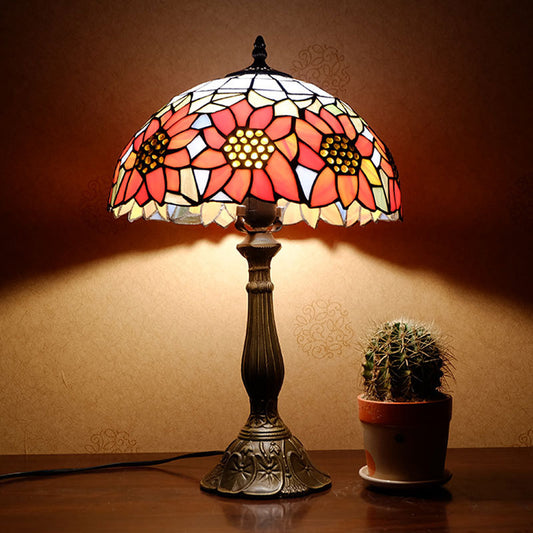 Bowl Shade Nightstand Lamp Single Stained Art Glass Classic Table Lighting in Orange with Sunflower Pattern Orange Clearhalo 'Lamps' 'Table Lamps' Lighting' 2187404