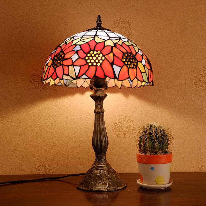 Bowl Shade Nightstand Lamp Single Stained Art Glass Classic Table Lighting in Orange with Sunflower Pattern Clearhalo 'Lamps' 'Table Lamps' Lighting' 2187406