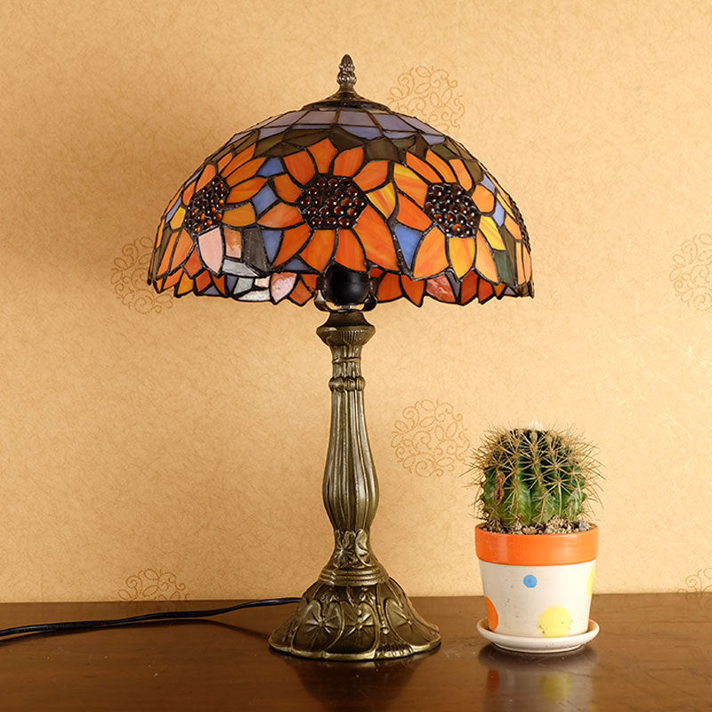 Bowl Shade Nightstand Lamp Single Stained Art Glass Classic Table Lighting in Orange with Sunflower Pattern Clearhalo 'Lamps' 'Table Lamps' Lighting' 2187407