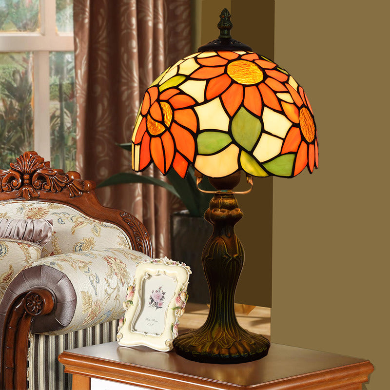 1-Light Table Lamp Tiffany Sunflower Pattern Stained Glass Nightstand Light in Orange Clearhalo 'Lamps' 'Table Lamps' Lighting' 2187410