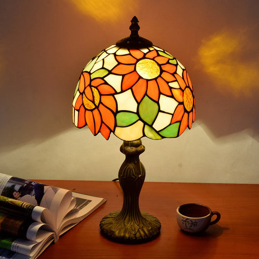 1-Light Table Lamp Tiffany Sunflower Pattern Stained Glass Nightstand Light in Orange Clearhalo 'Lamps' 'Table Lamps' Lighting' 2187411