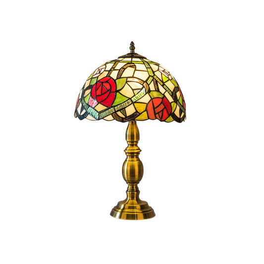 Vintage Dome Table Lamp Single-Bulb Handcrafted Glass Nightstand Lighting with Floral Pattern Green B Clearhalo 'Lamps' 'Table Lamps' Lighting' 2187424