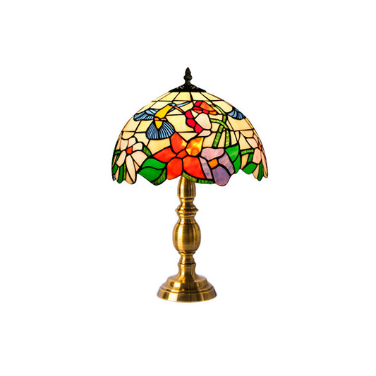 Vintage Dome Table Lamp Single-Bulb Handcrafted Glass Nightstand Lighting with Floral Pattern Beige B Clearhalo 'Lamps' 'Table Lamps' Lighting' 2187426