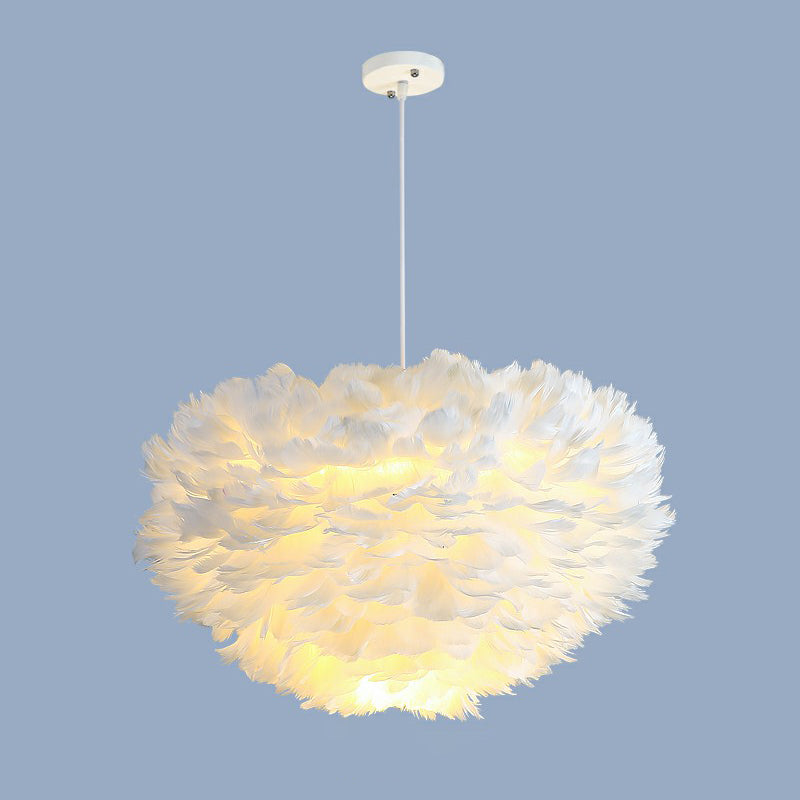 Hemisphere Shaped Girls Bedroom Ceiling Lighting Feather Minimalistic Chandelier Light Fixture White 31.5" Clearhalo 'Ceiling Lights' 'Chandeliers' 'Modern Chandeliers' 'Modern' Lighting' 2187442